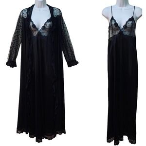Vintage Black Nylon Sheer Lace Peignoir Robe Nightgown Negligee Long Gown‎ Set M